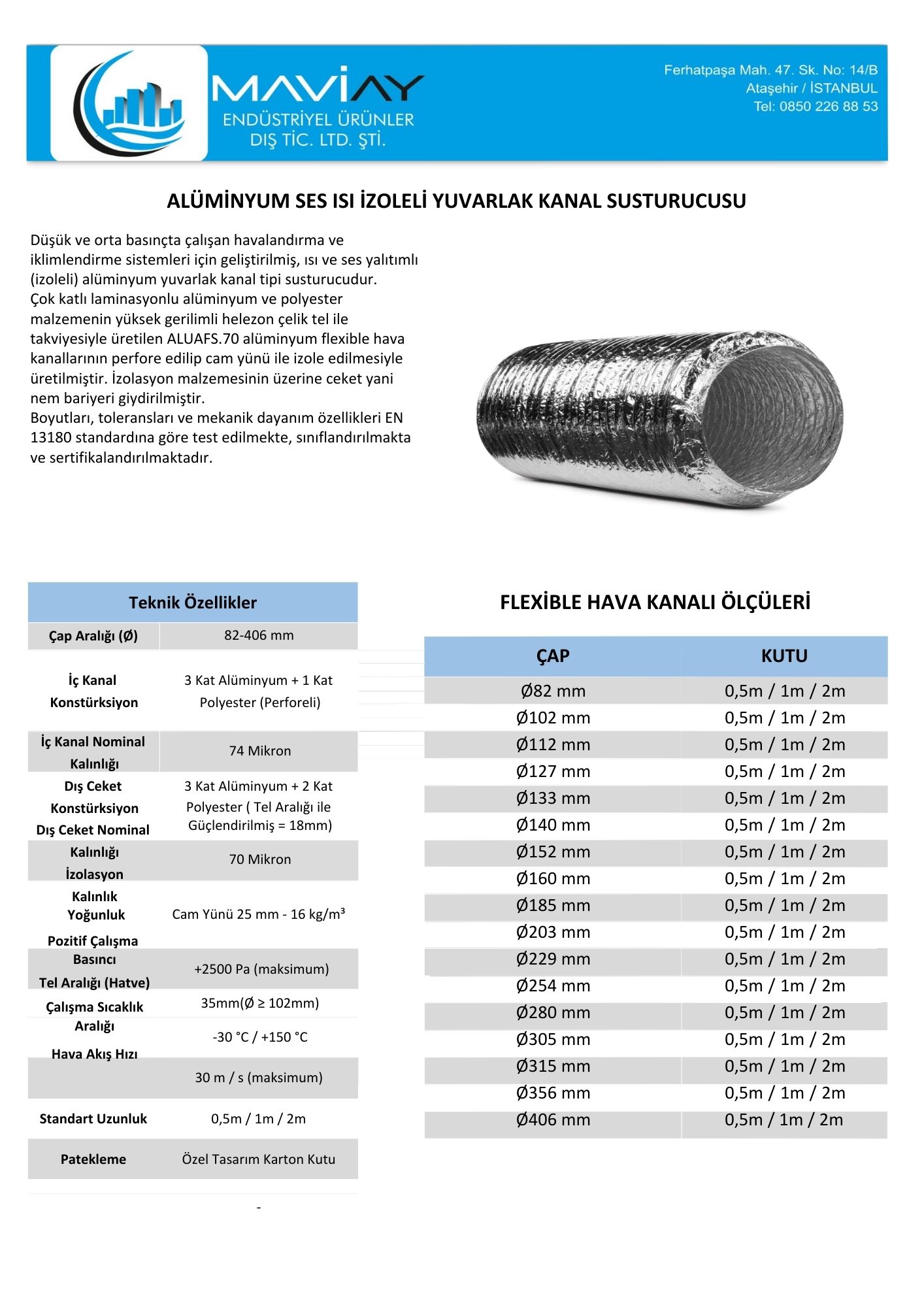 Maviay Endüstriyel Alüminyum Ses Isı İzoleli Yuvarlak Kanal Susturucusu