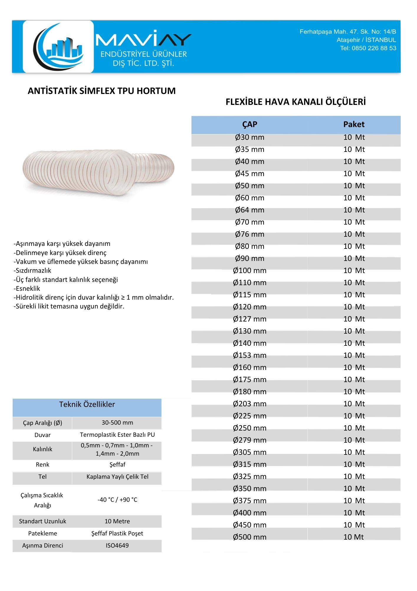 Maviay Endüstriyel Antistatik Simflex TPU Hortum